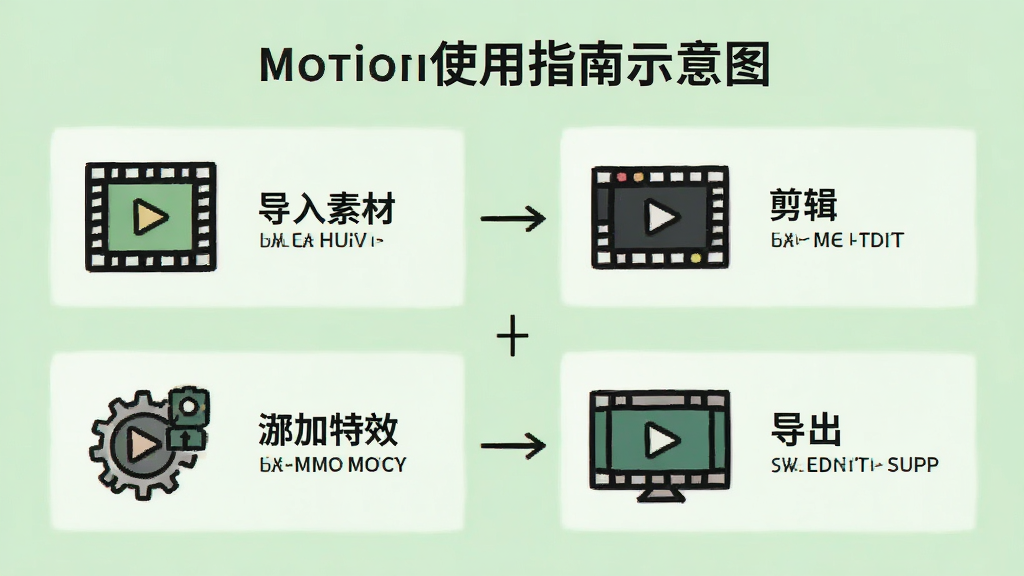 展示Motion使用指南示意图,分步骤显示导入素材、剪辑、添加特效、导出四个步骤,每步有简笔图标,背景为浅绿色,扁平化设计,文字清晰,画质干净