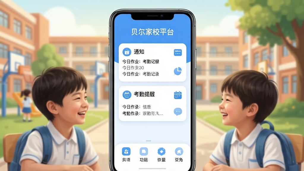 ���壺�ֻ���Ļչʾ������Уƽ̨�����棬����Ϊ��ܰ��У԰�������ҳ��뺢��Ц�����������֣�����������ʾ�༶֪ͨ����ҵ���ѿ�Ƭ���Ϸ�Ϊ�������ơ�������Уƽ̨���������·�Ϊ����ͼ�����С��Ű棺��ƽ����ƣ���Ƭʽ���֣���Ϣ�㼶����������ִ���Լ��ɫ��������ͣ�����ɫ�Ͱ�ɫΪ��ɫ����ϸ�ڣ�֪ͨ����ʾ��������ҵ�������ڼ�¼����������ͼ��Բ�����������ʣ�������Ⱦ���ɾ����޶���Ԫ�ء�