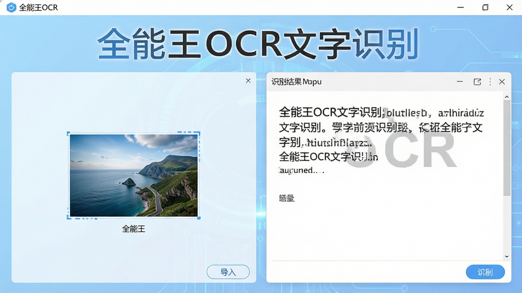 一张现代简约风格的全能王OCR文字识别软件主界面截图,布局清晰,左侧为图片导入区域,右侧为文字识别结果输出区域,背景为淡蓝色科技感渐变,界面干净整洁,突出软件名称“全能王OCR文字识别”字样,画质高清,细节丰富,无多余元素