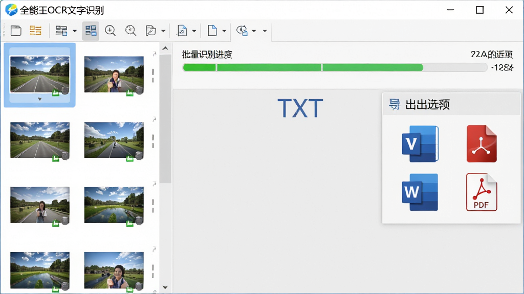 展示全能王OCR文字识别软件批量处理图片文件的界面,左侧为缩略图列表,右侧为批量识别进度条和导出选项菜单,导出格式图标包括TXT、Word、PDF,界面明亮清晰,软件名称“全能王OCR文字识别”置于顶部工具栏,画质干净,无多余元素