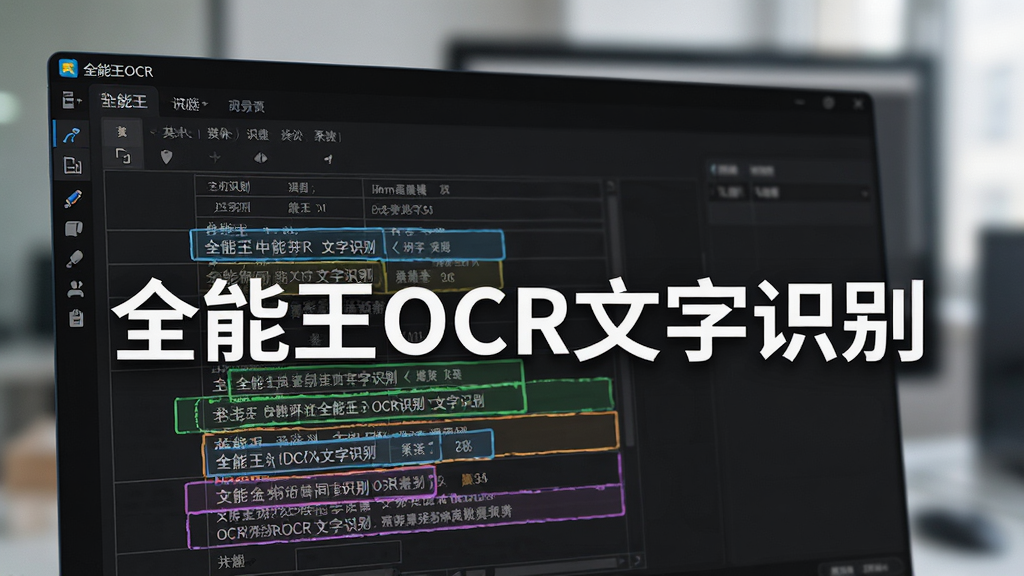 特写镜头展示全能王OCR文字识别软件正在进行复杂表格文字识别的过程,高亮显示识别出的文字区域,软件界面为深色模式,识别结果以彩色边框标记,背景虚化,突出软件名称“全能王OCR文字识别”,画质细腻,排版专业,无多余元素