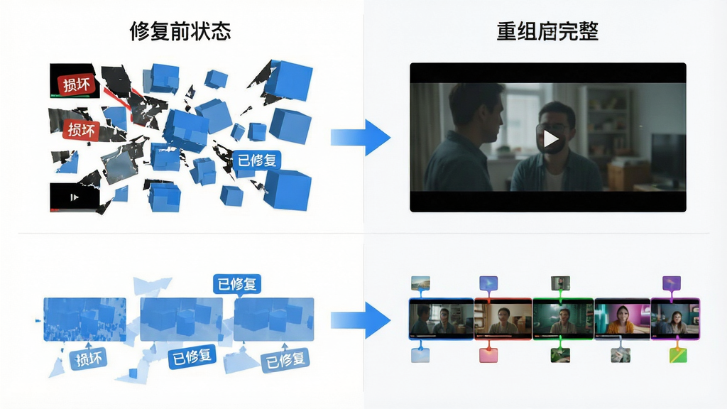 主体:视频修复过程示意,左侧为损坏视频的碎片化数据块,右侧为重组后的完整视频时间线。布局:上下对比布局,上方为修复前状态,下方为修复后状态。排版:用箭头连接修复前后,清晰展示修复效果。风格:简约清新,白色背景配蓝色数据块,修复后视频时间线为彩色缩略图。细节:数据块上标注“损坏”与“已修复”标签,时间线显示关键帧标记。画质:高清,界面干净,无多余元素。