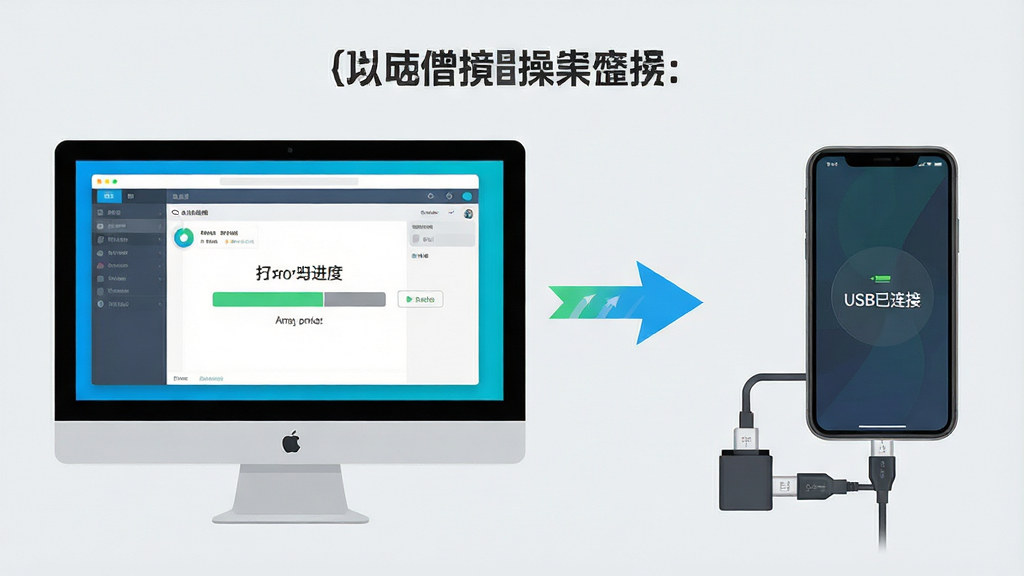 主体:电脑与移动设备同时使用软件的场景,左侧为电脑屏幕显示软件界面,右侧为手机通过OTG连接读卡器。布局:左右对称,中间为数据流向箭头。排版:上下分层,上方为操作提示文字,下方为设备连接图。风格:现代扁平化,色彩明亮,背景为浅灰色。细节:电脑屏幕中显示扫描进度,手机界面显示“USB已连接”提示。画质:高清,干净无多余元素。