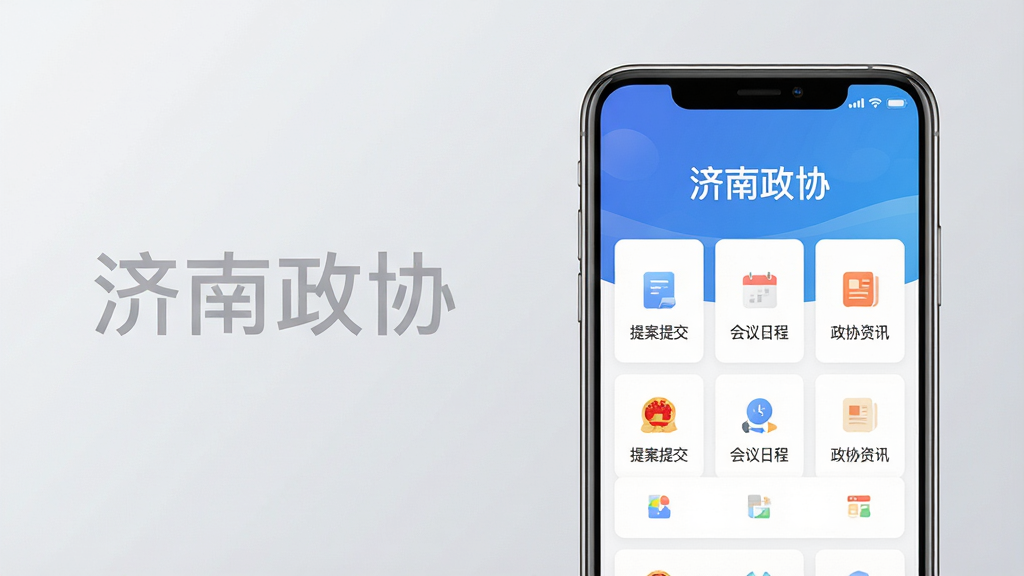 主体:一部亮屏的智能手机,屏幕中央显示“济南政协”APP主界面,界面包含蓝色渐变顶部栏和白色卡片式功能列表,顶部有“济南政协”字样。布局:手机居中偏右,左侧留出空白区域用于排版文字。排版:手机竖向展示,界面图标清晰可见,包括“提案提交”、“会议日程”、“政协资讯”等模块。风格:写实风格,结合现代扁平化UI设计,光影自然。细节:屏幕反光微弱,手机边框为金属质感,背景为柔和的浅灰色渐变,整体干净整洁。画质:4K超清,干净,无多余元素。