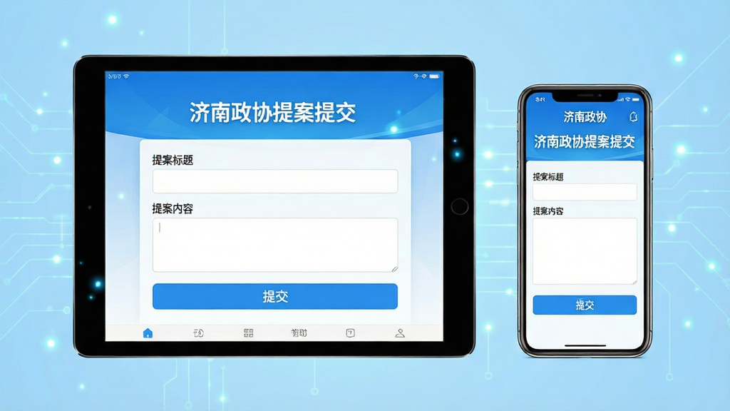 主体:一部平板电脑和一部手机并排摆放,屏幕同步显示“济南政协”APP的提案提交界面,界面有“提案标题”、“提案内容”输入框及“提交”按钮。布局:平板在左,手机在右,形成对称构图。排版:两个设备屏幕均高亮显示,界面元素清晰,背景为浅蓝色的科技感光效。风格:现代商务风格,色彩明快。细节:屏幕上的文字“济南政协提案提交”清晰可见,设备周围有微弱的科技光点。画质:高清渲染,干净,无多余元素。
