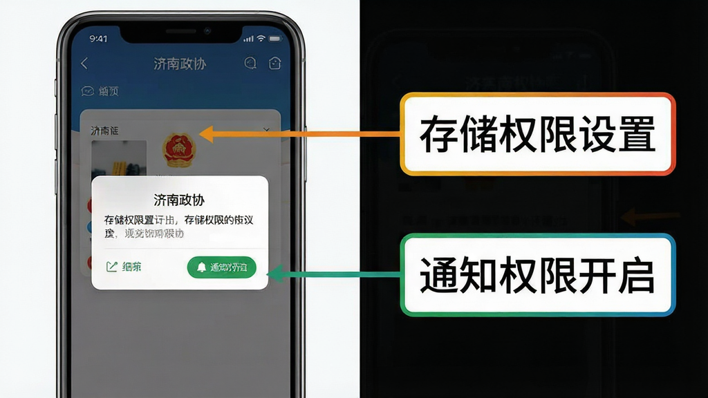 主体:一张操作示意图,左侧为手机屏幕截图,右侧为文字标注框,标注“存储权限设置”和“通知权限开启”步骤。布局:左右分栏式布局,左侧手机屏幕占60%画面。排版:标注框用彩色线条连接至手机屏幕具体位置。风格:教学图解风格,色彩清晰。细节:手机屏幕上显示“济南政协”APP的权限请求弹窗。画质:高清矢量图,干净,无多余元素。