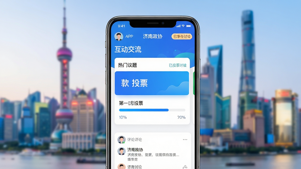 主体:手机界面显示“济南政协”APP的“互动交流”板块,包含“热门议题”投票卡片和评论区。布局:手机位于画面中心,背景为带有城市天际线的模糊处理。排版:卡片式布局,议题标题醒目,投票进度条以蓝色显示。风格:现代UI设计风格,色彩鲜艳。细节:画面中手机屏幕上有用户头像和“已参与讨论”标签。画质:高清渲染,干净,无多余元素。