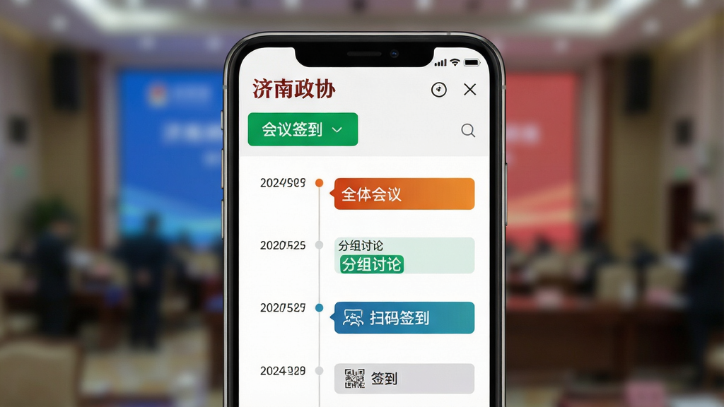主体:一个手机特写,屏幕显示“济南政协”APP的会议日程详情页,页面上有“全体会议”、“分组讨论”等时间轴条目,并标注“扫码签到”按钮。布局:手机居中,背景虚化处理,突出屏幕内容。排版:界面以时间轴形式纵向排列,日期与会议名称高亮显示。风格:写实摄影风格,焦点清晰。细节:手机屏幕上的“济南政协”红色Logo在左上角,下方有“会议签到”绿色按钮。画质:8K超清,干净,无多余元素。