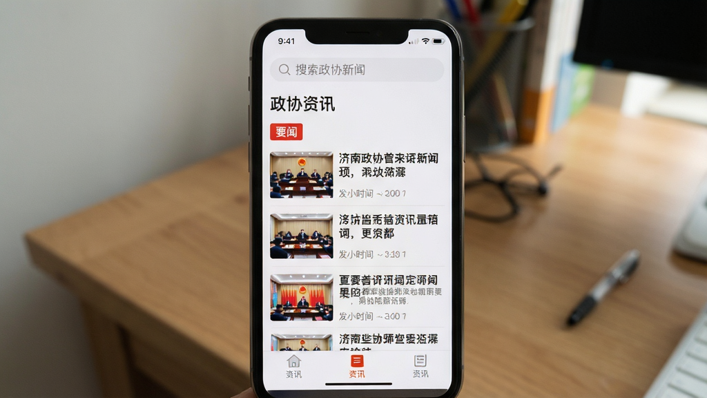 主体:手机屏幕特写,展示“济南政协”APP的“政协资讯”列表页,列表项包含新闻标题缩略图和发布时间。布局:手机屏幕占据画面中央,背景为阅读场景的书桌一角。排版:列表式布局,新闻标题采用黑色粗体字,配以红色“要闻”标签。风格:纪实摄影风格,自然光线下拍摄。细节:屏幕顶部搜索栏有“搜索政协新闻”字样,底部导航栏“资讯”图标高亮。画质:高清,干净,无多余元素。
