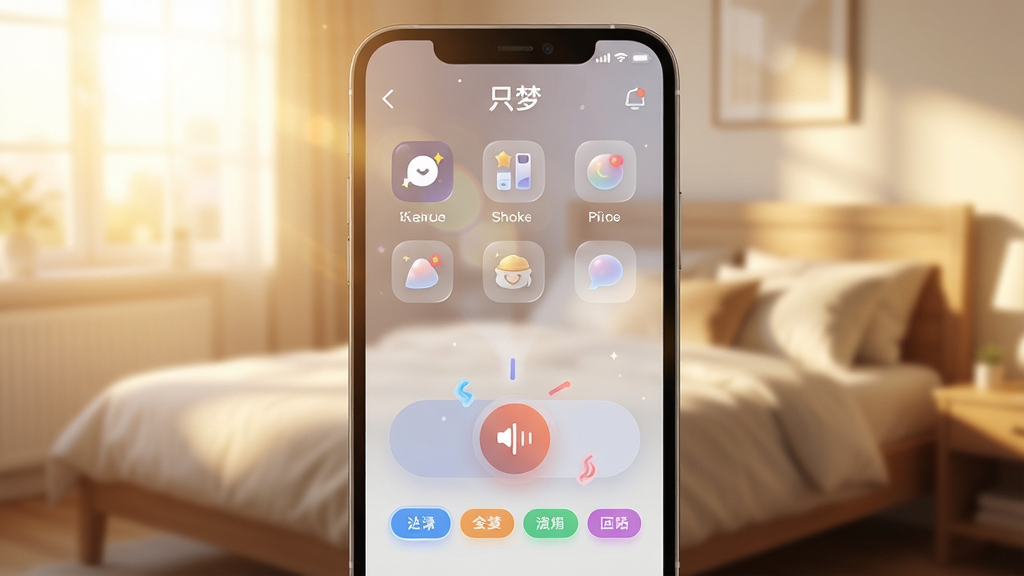 一张手机特写图,屏幕上是“只梦”APP的梦境记录界面,下方有醒目的语音输入按钮和几个彩色标签。背景是模糊的晨光卧室,主体突出,布局为居中构图。风格写实且带有温暖的光晕,细节展示界面圆润的图标和流畅的动画效果,画质细腻干净,无多余元素。