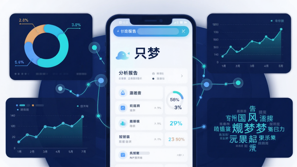 一幅数据可视化风格的插画,中央是“只梦”APP的分析报告页面,周围环绕着各类统计图表,如环形图、折线图和词云。主体突出,布局具有科技感,排版规整。风格简洁明亮,以深蓝色和青色为主色调,细节包括发光的线条和浮动的数据节点,画质清晰干净,无多余元素。