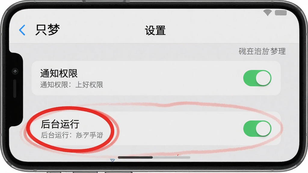 一张手机横屏截图,显示“只梦”APP的“设置”界面,其中“通知权限”和“后台运行”选项被红色圆圈标记。背景为纯色浅灰,主体是设置菜单列表,布局清晰,风格扁平简洁。细节包括开关按钮和文字说明,画质高清,干净无多余元素。