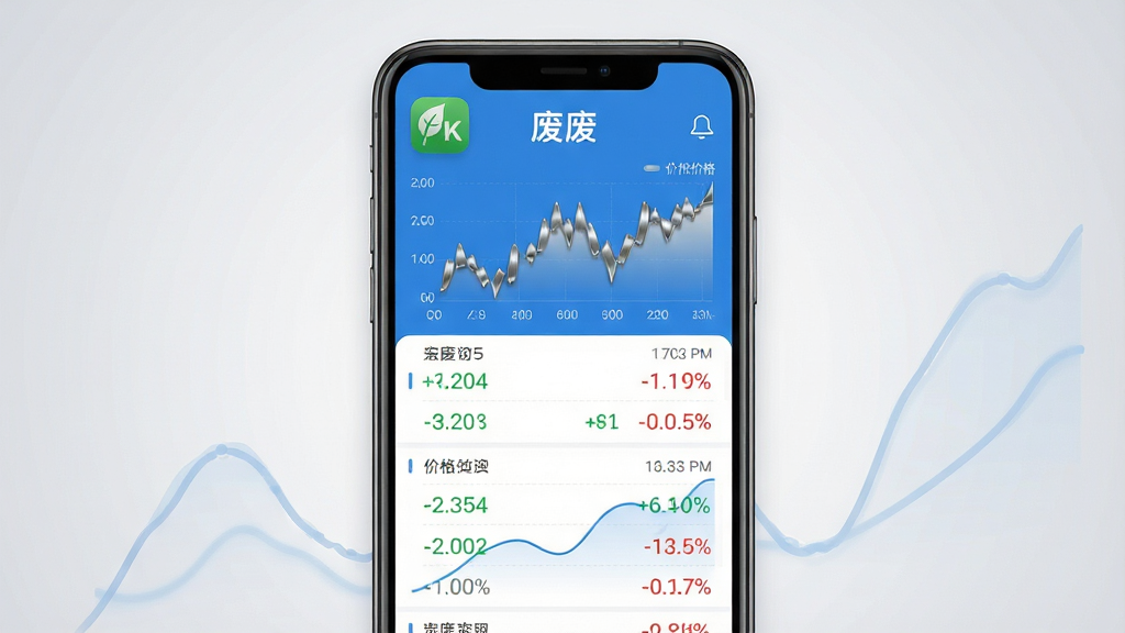 主体:一部智能手机屏幕显示废废应用主界面,界面顶部有“废废”字样和金属价格走势图。布局:手机居中,背景为浅灰色渐变,界面清晰展示价格列表和数据图表。排版:手机屏幕内的文字和图表排版整齐,价格数字用绿色和红色标注涨跌。风格:现代扁平化设计,色彩以蓝白为主,干净清爽。细节:价格列表滚动显示,图表线条流畅,应用图标为绿色叶片与金属组合。画质:8K超高清,细节丰富,无多余元素。