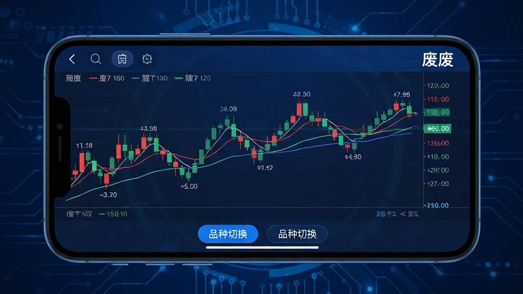主体:手机横屏显示废废应用的走势图界面,图表上有K线图和数据指标。布局:手机居中,背景为深蓝色科技感,图表占据屏幕大部分区域。排版:图表下方有品种切换按钮,右上角显示“废废”字样。风格:科技商务风,蓝色主调。细节:K线图红绿交替,均线平滑,数据标签清晰。画质:高清,视觉冲击力强,无多余元素。