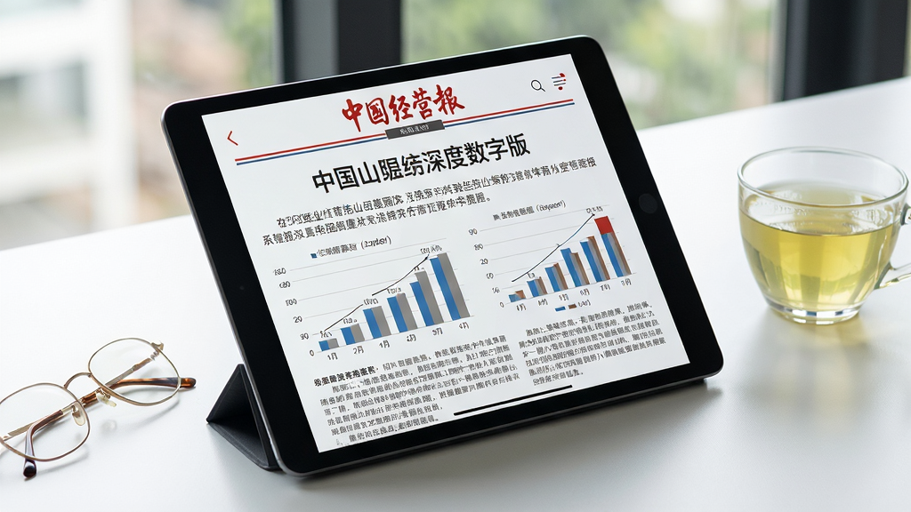 图片主体为《中国经营报》数字版在平板电脑上的展示效果,屏幕显示一篇配有数据图表的深度报道文章,平板横放,旁边放着一副金丝边眼镜和一杯清茶。布局采用侧视角度,突出阅读场景。排版上,文章标题与正文层级分明,图表清晰。风格写实且带商务休闲气息,细节需呈现报道中的文字与图表,画面干净整洁,画质细腻,无多余杂物。
