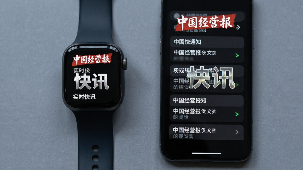 主体为一块智能手表与手机并排的俯拍画面,手表屏幕与手机屏幕同时亮起,显示《中国经营报》的实时快讯通知。布局规整,手表与手机平行摆放。排版上,通知内容以简洁列表形式呈现。风格科技感强,细节需突出“快讯”二字,背景为纯色桌布,画质清晰,无多余元素。