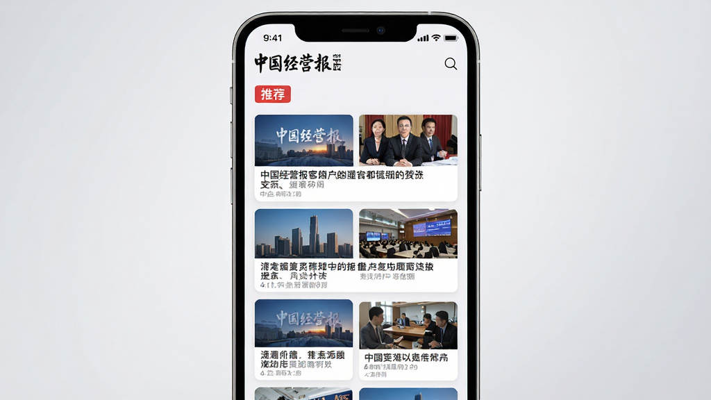 画面主体为智能手机上的《中国经营报》客户端推荐频道页面,屏幕展示根据用户偏好排列的新闻卡片瀑布流。布局采用手机竖屏正面展示,背景为浅灰色渐变。排版上,卡片间距均匀,图文混排美观。风格现代简约,细节需清晰显示“推荐”频道标签及新闻缩略图,画质高清,无多余UI元素干扰。