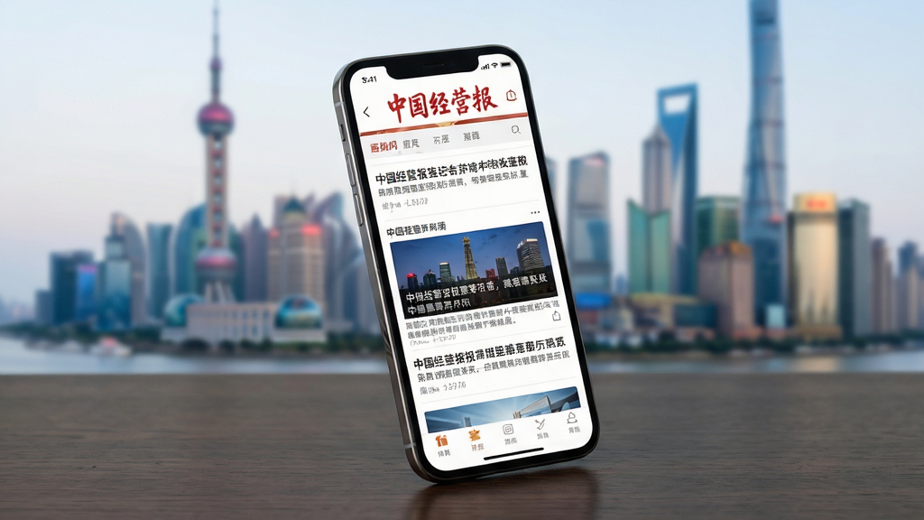画面主体为一部正在运行《中国经营报》客户端的高清智能手机,屏幕清晰展示着财经新闻列表与头条要闻版面,手机略微倾斜置于深色木纹桌面上,背景虚化呈现城市天际线轮廓。布局采用中心构图,手机位于画面黄金分割点,周围留白干净。排版上,界面元素排列有序,标题醒目。风格偏向商务科技感,细节上屏幕内容需可辨识,突出“中国经营报”报头字样。画质要求8K超清,光线自然柔和,无多余元素。