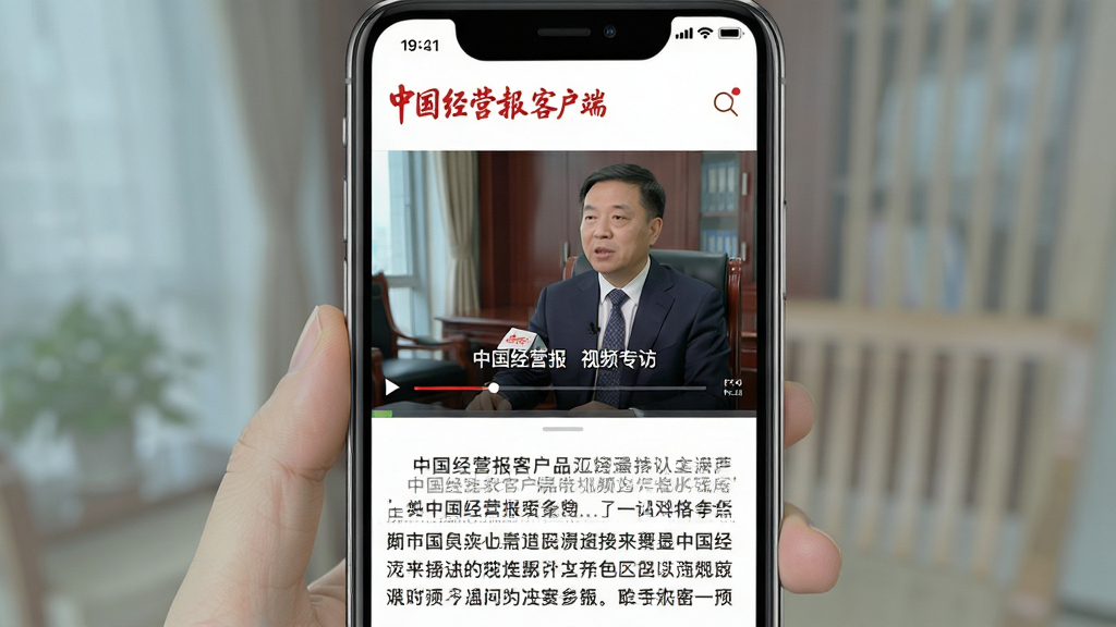 画面主体为《中国经营报》客户端内一个视频专访页面在手机上的展示,屏幕中播放着采访企业家的视频画面,下方配有文字实录。布局为手机竖屏正面截图风格。排版上,视频窗口占据屏幕上半部分,字幕清晰。风格专业且现代,细节需体现视频播放进度条与“中国经营报”LOGO,画质干净,无多余元素。