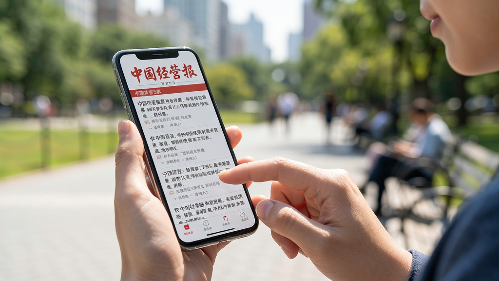 图片主体为一名用户手持手机在户外阅读《中国经营报》新闻的场景,手机屏幕清晰可见。背景是模糊的城市公园,阳光明媚。布局采用侧前方视角,人物手指轻触屏幕。排版上,画面主体突出,手机屏幕内容需呈现文章列表。风格自然生活化,细节丰富,画质高清,无多余元素。
