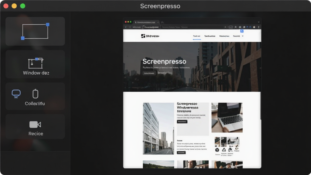 Screenpresso主界面展示,深色主题,左侧工具栏包含矩形截图、窗口捕捉、滚动截图、录屏按钮,右侧预览区显示一张刚截取的网页长图,界面简洁现代,高分辨率,干净无多余元素