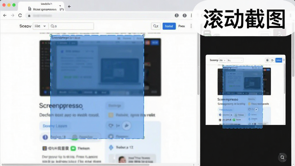 Screenpresso滚动截图功能演示,屏幕上显示一个网页,高亮区域正在自动向下滚动,右侧出现拼接预览,画面清晰,标注“滚动截图”字样,风格简洁,画质干净