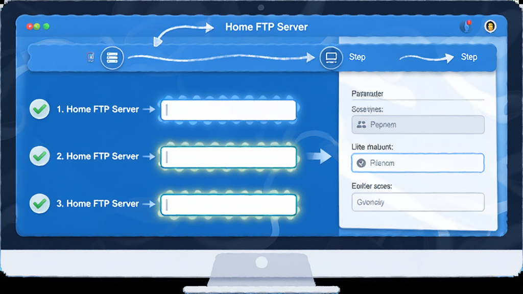 ����Ϊ���������̵�ʾ��ͼ��������һ��������Ļ��ʾ��Home FTP Server�����ò���������������ÿһ�����ж�Ӧ�ĸ�������򡣲��ֲ��ú�������չʾ�����Ϊ�����б����Ҳ�Ϊ������д�������Ϊ��ˬ�Ĳ廭�磬��ɫ������Ϊ����ϸ�ڴ����жԹ���Сͼ����ʾ�����ʸɾ�������