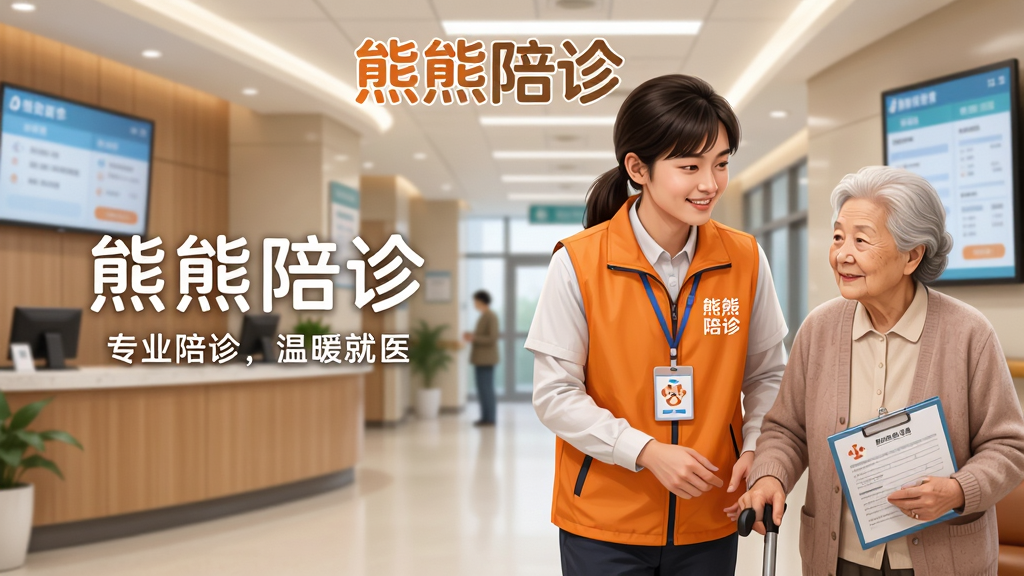 画面主体为一位面带微笑的年轻陪诊师,身着印有“熊熊陪诊”Logo的橙色马甲,正耐心搀扶一位老年患者在医院走廊行走。背景是明亮宽敞的现代化医院大厅,有导诊台和电子显示屏。布局采用居中构图,陪诊师与老人位于画面中央偏右,左侧留出空间放置软件名称文字。排版上,标题“熊熊陪诊”置于图片上方居中,副标题“专业陪诊,温暖就医”放在下方。风格为写实插画风,色彩温暖明亮,细节包括陪诊师胸前的工牌、老人手中的病历本,画质高清干净,无多余元素。