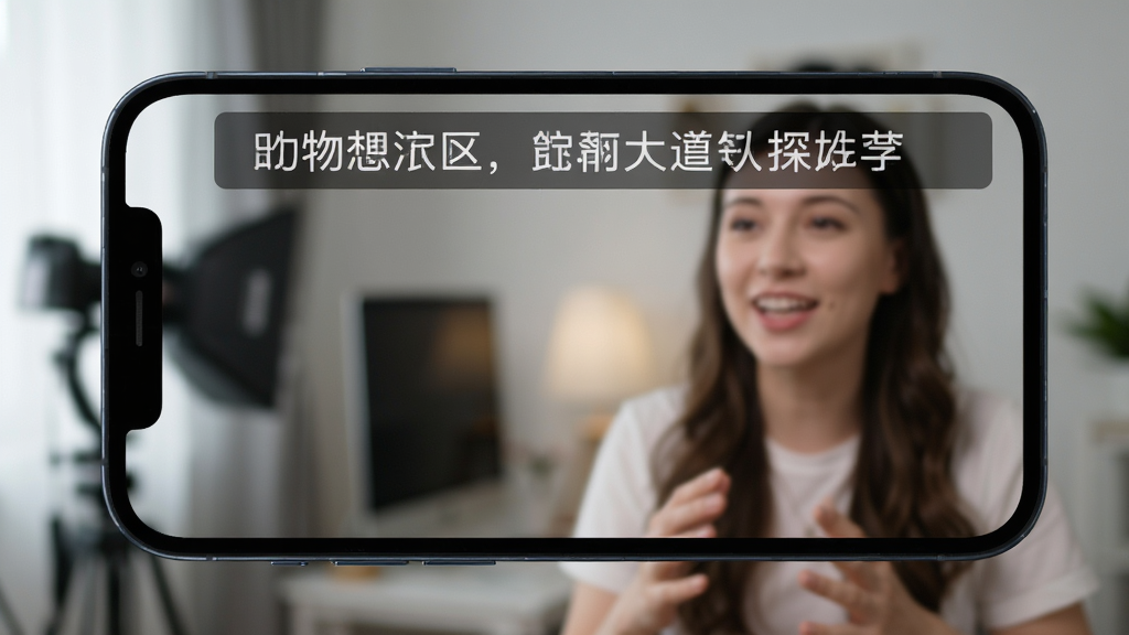 手机屏幕特写,显示提词相机悬浮提词功能,台词文字在画面中上部滚动显示,字体清晰,背景为虚化的室内拍摄场景,有主播在镜头前微笑说话,画面布局合理,突出悬浮提词的便捷性,风格写实,画质高清,干净无多余元素。