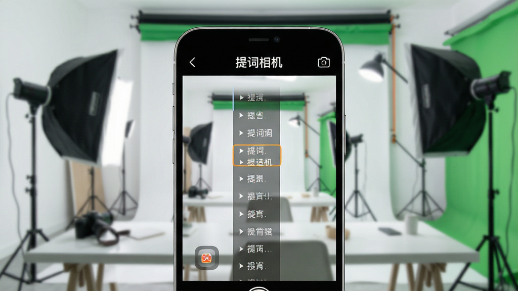 一张现代简约风格的手机应用界面预览图,画面中央是一部智能手机,屏幕显示提词相机的主界面,上方有“提词相机”字样,下方是半透明的提词滚动条,背景为干净的浅灰色工作室,桌面摆放摄影灯和绿幕,整体色调明亮柔和,画质细腻,构图平衡,突出软件的专业与易用性,干净无多余元素。