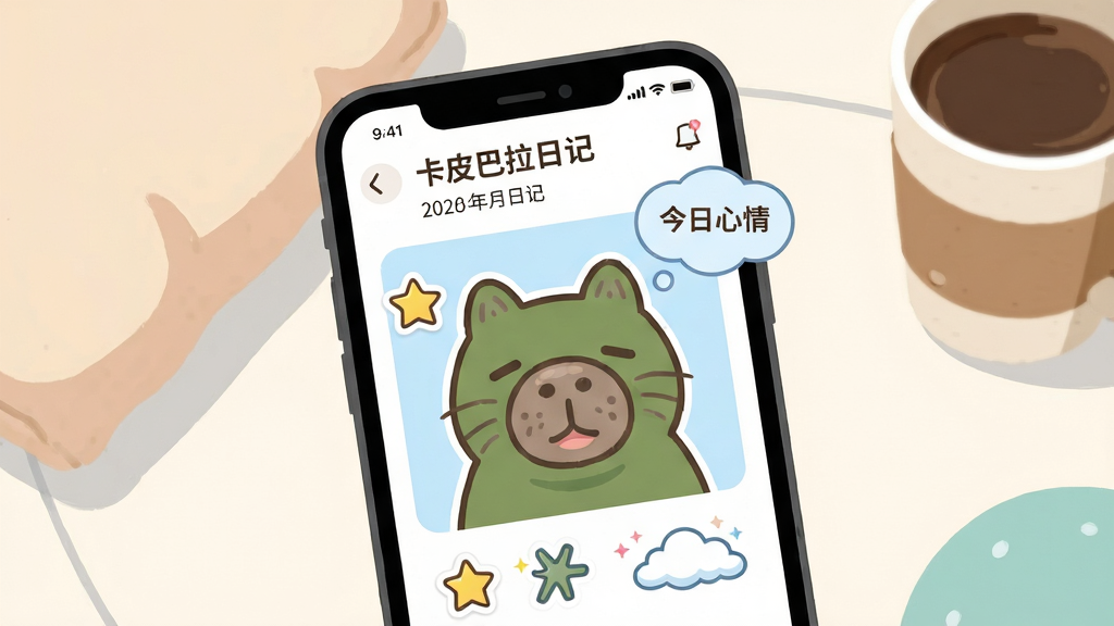 ���壺�ֻ���Ļ��д����Ļ����ʾ��Ƥ�����ռ�APP�Ĵ򿨽��棬��Ƥ����ͷ��ð�����������顱���ݡ����֣��ֻ�λ�ڻ������룬��Ļ���������ɼ�����Χ������Ϳ��ȱ����Ű棺�ֻ���ĻΪ����������࣬ͻ������Ԫ�ء�������±�ƽ�廭�磬ɫ�����졣ϸ�ڣ���Ļ���С���Ƥ�����ռǡ����������ڣ���Ƥ���������ºͣ���ֽͼ��Ϊ���Ǻ��ƶ䡣���ʣ����壬�ɾ����޶���Ԫ�ء�