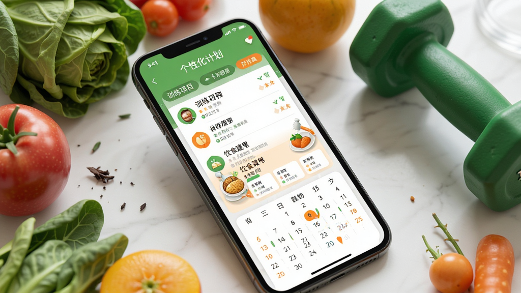 主体:手机屏幕显示律动健康APP的个性化计划页面,包括训练日程和饮食菜单,背景是健康食材。布局:手机斜放,周围有蔬菜水果和哑铃。排版:清新自然,图文结合。风格:健康生活方式,绿色和橙色色调。细节:训练项目列表、卡路里控制建议、打卡日历。画质:高清渲染,干净,无多余元素。