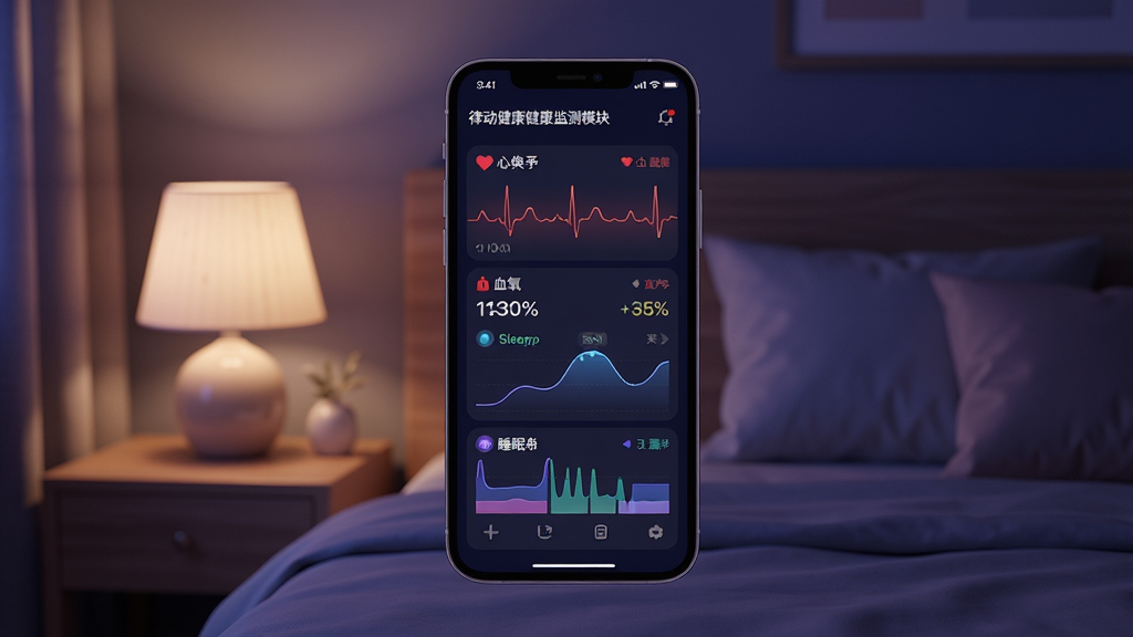 主体:手机界面显示律动健康健康监测模块,包含心率、血氧、睡眠曲线,背景是卧室夜晚场景。布局:手机居中,周围有床头灯和枕头。排版:柔和温馨,数据可视化。风格:夜用模式,深蓝紫色调。细节:心率波形、血氧百分比、睡眠阶段图。画质:高清渲染,干净,无多余元素。