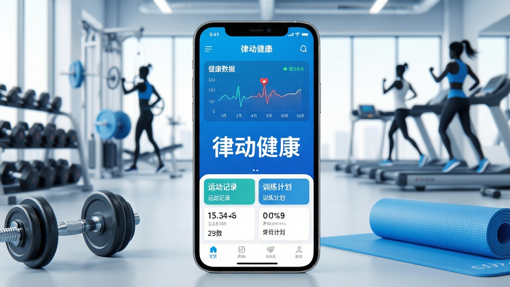 主体:手机屏幕展示律动健康APP主界面,界面有健康数据图表、运动记录和训练计划,屏幕中央有“律动健康”字样,背景是健身房场景。布局:手机居中,APP界面清晰可见,周围有运动器材如哑铃、瑜伽垫。排版:简洁现代,信息层级分明。风格:科技感、明亮色调,蓝色和白色为主。细节:健身人物剪影、心率曲线、步数统计。画质:高清渲染,干净,无多余元素。