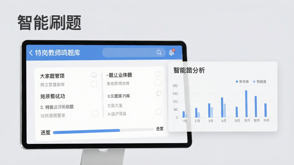 特岗教师鸣题库智能刷题界面特写,屏幕显示答题选项和进度条,旁边有智能分析图表,背景为浅灰色,突出数据可视化,界面设计简约,文字标注“智能刷题”,高清画质,干净整洁