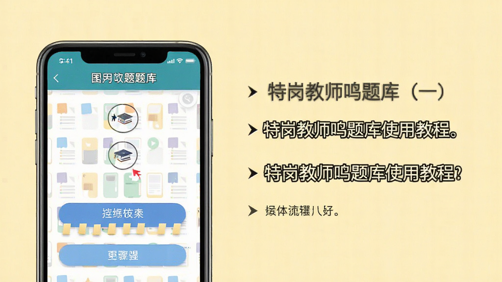 特岗教师鸣题库使用教程步骤图,手机屏幕显示操作流程,旁边配有文字说明,背景为浅黄色,风格简洁明了,突出关键按钮,高清画质,干净无多余元素