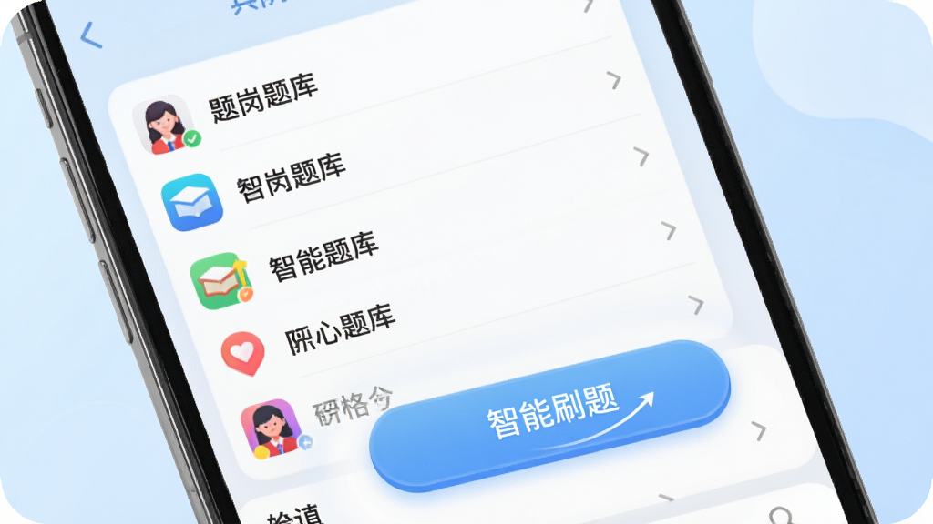 特岗教师鸣题库手机应用主界面展示,屏幕中央显示题库列表和智能刷题按钮,背景为淡蓝色渐变,整体风格简洁现代,图标色彩鲜明,文字清晰,高清渲染,干净无多余元素