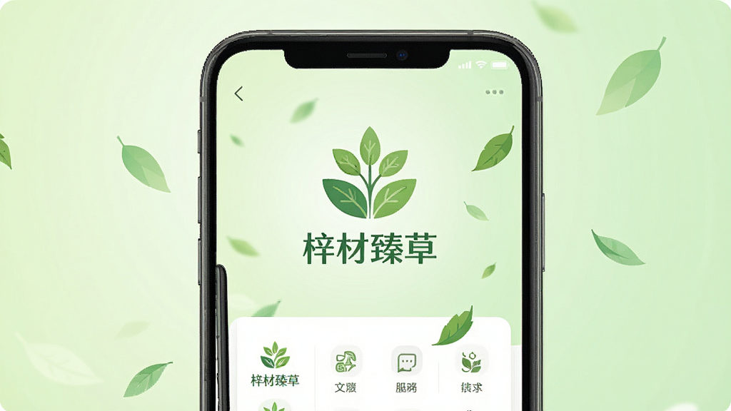 画面主体为“梓材臻草”手机应用界面展示,采用居中构图,一部智能手机屏幕内清晰显示软件首页,页面包含绿色草本植物图标与“梓材臻草”品牌字样,背景为淡雅的浅绿色渐变,搭配几片飘落的树叶,整体风格清新自然,现代扁平化设计,细节丰富,画质干净,无多余元素