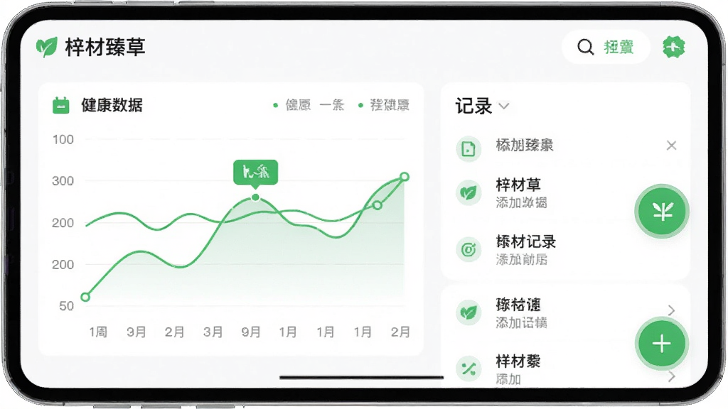 画面主体为“梓材臻草”健康记录功能界面,展示一周健康数据统计折线图与记录列表,界面以白色为底色,配以绿色数据线条和图标,右侧有添加记录的悬浮按钮,整体布局清晰,扁平化设计风格,细节丰富,画质干净,无多余元素