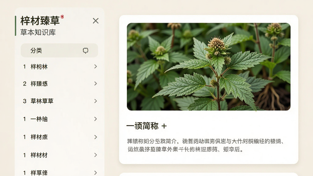 画面主体为“梓材臻草”草本知识库界面,左侧为分类列表,右侧展示一种草本植物的详细信息页面,包含植物高清照片、名称与简介文字,背景为浅米色,排版简洁清晰,采用卡片式布局,现代简约风格,细节精致,画质干净,无多余元素