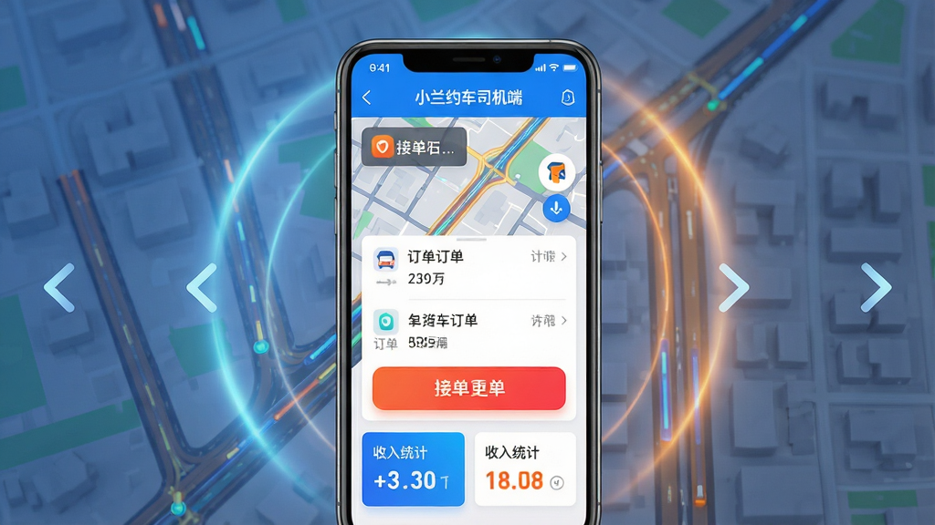 主体:一部智能手机屏幕显示“小兰约车司机端”主界面,背景为城市道路地图,界面中有接单按钮、订单列表、收入统计卡片等元素。布局:手机居中,界面元素清晰可见,周围有简洁的光效和导航箭头。排版:界面布局合理,功能图标排列整齐,文字标注清晰。风格:现代科技感,色彩明亮,蓝色和橙色为主色调,扁平化设计。细节:地图上显示实时路况,接单按钮有红色高亮,收入数字突出显示。画质:高清渲染,干净,无多余元素。