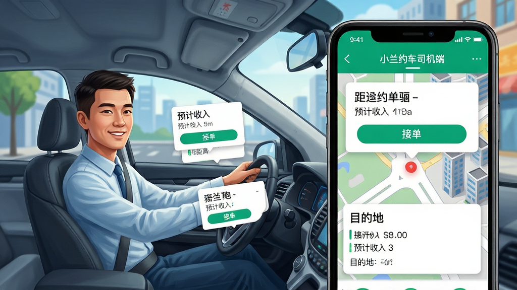 主体:一辆白色网约车行驶在城市街道上,司机手机屏幕显示“小兰约车司机端”的接单界面,附近订单以小卡片形式弹出。布局:车辆位于画面左侧,手机屏幕放大展示在右侧,形成对比。排版:手机界面清晰展示订单距离、预计收入、目的地等信息。风格:写实插画风,色彩明亮,突出科技感与实用性。细节:订单卡片上有“接单”按钮,地图背景显示道路与建筑物,司机面带微笑。画质:高清细腻,干净,无多余元素。