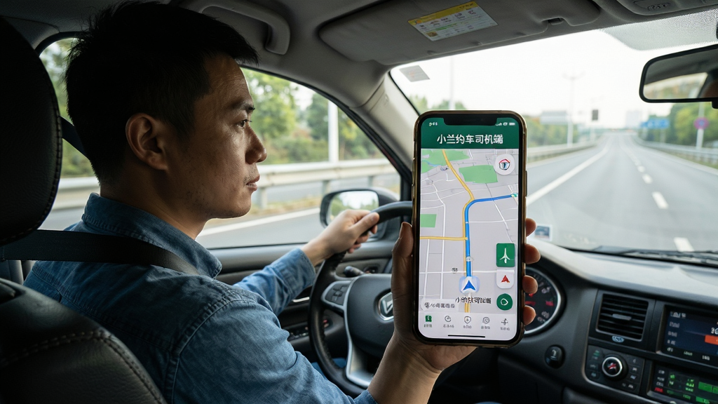 主体:一位司机坐在驾驶室内,手持手机查看“小兰约车司机端”的导航界面,前方挡风玻璃外是清晰的道路。布局:司机位于画面中央偏左,手机屏幕朝向镜头,右侧显示道路延伸。排版:手机界面清晰显示地图和导航箭头,屏幕亮度适中。风格:写实摄影风格,光线自然,车内细节丰富。细节:手机屏幕上有“小兰约车司机端”字样,司机佩戴安全带,表情专注。画质:高清摄影,干净,无多余元素。