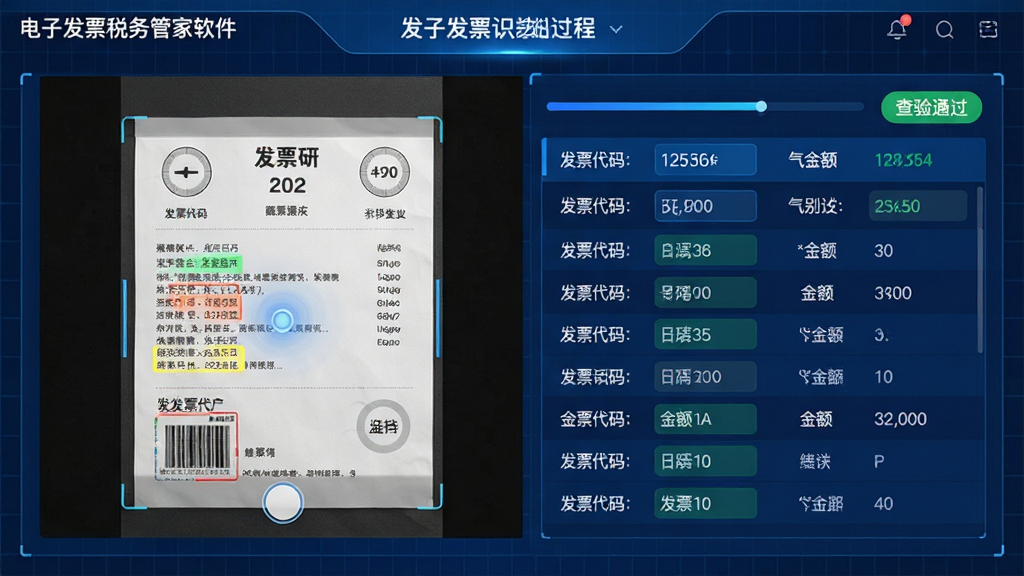 ���壺���ӷ�Ʊ˰��ܼ���������չʾ��Ʊʶ����̣���Ļ����ʾһ�ŷ�Ʊ��Ƭ���ڱ�ʶ��ʶ�����ֶθ�����ע�����֣����Ϊ��ƱͼƬ���Ҳ�Ϊʶ�����б�������ƽ�⣻�Ű棺����б�����չʾ��Ʊ���롢���롢������Ϣ����񣺿Ƽ��У���ɫ��������ɾ���ϸ�ڣ�ʶ��������͡�����ͨ������ɫ��ʶ���������������������ʣ����壬�ɾ����޶���Ԫ��