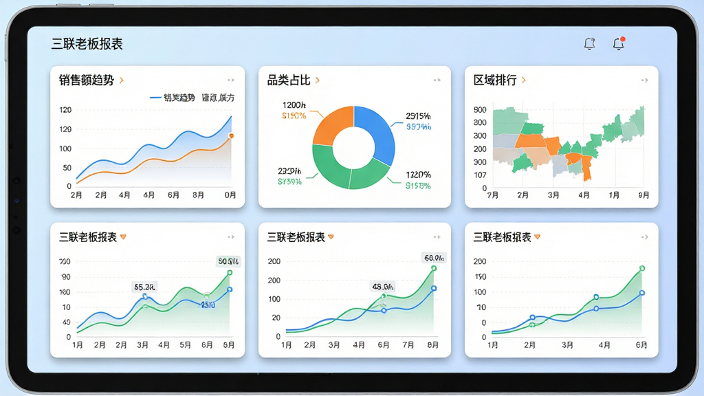 画面主体为三联老板报表App的多维度数据看板界面截图,屏幕上分布着多个卡片式图表模块,包括“销售额趋势”、“品类占比”、“区域排行”等,卡片上文字为“三联老板报表”。布局为平板电脑横屏展示,界面采用栅格化排版,背景为浅蓝色渐变。风格为商务数据可视化风格,图表线条流畅,色彩以蓝、橙、绿为主。细节上,每个图表卡片有边框阴影,数据标签清晰。画质为高清,界面干净无多余元素