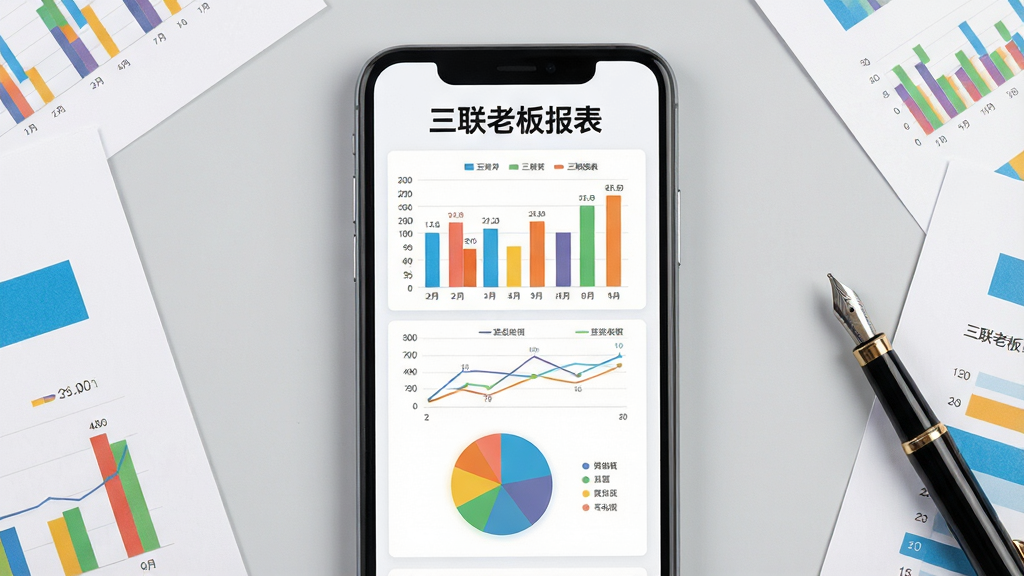 画面主体为一部智能手机屏幕,屏幕内显示三联老板报表的仪表盘界面,包含彩色柱状图、折线图和饼图,图表上方有“三联老板报表”文字标识。布局为手机居中,背景为浅灰色办公桌面,周围散落几份纸质报表和一支钢笔。排版采用中心构图,手机屏幕内容清晰可辨。风格为现代扁平化UI设计,色彩明亮、对比鲜明。细节上,屏幕中的数据图表标注具体数值,桌面纹理清晰。画质为高清渲染,整体干净无多余元素