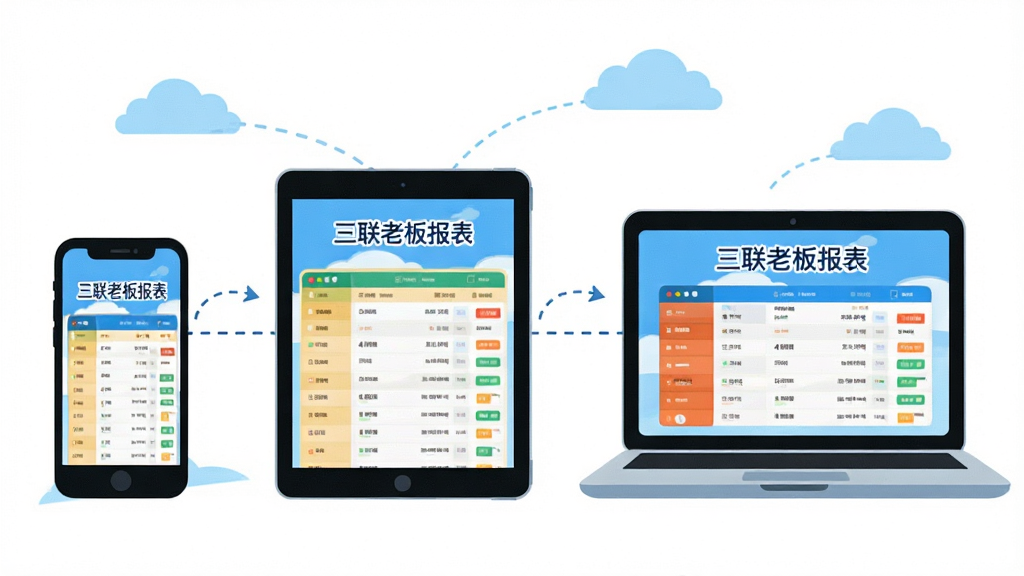 画面主体为三联老板报表的多端同步示意图,左侧是手机、中间是平板、右侧是笔记本电脑,三台设备屏幕均显示相同的数据报表界面,屏幕上标注“三联老板报表”字样。布局为三台设备水平排列,背景为纯白色。风格为扁平化插画风格,色彩明快,设备轮廓圆润。细节上,设备屏幕之间用虚线连接表示同步,背景有云朵图标。画质为高清,整体干净无多余元素