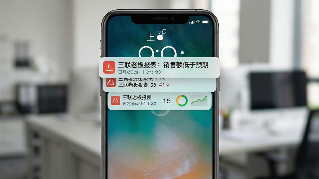 画面主体为手机锁屏界面,屏幕顶部弹出三联老板报表的预警通知横幅,横幅上显示“三联老板报表:销售额低于预期”的文字,背景为模糊的办公场景。布局为手机竖向居中,通知横幅醒目,背景虚化突出前景。风格为写实摄影风格,光线柔和,色彩自然。细节上,通知横幅有图标和文字,屏幕时间显示为上午9点。画质为高清,画面干净无多余元素