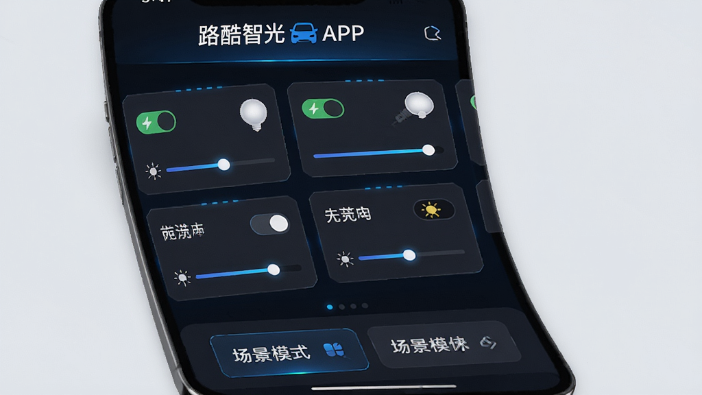 һ��չʾ·���ǹ�APP������ĸ����ͼ�����沼���������Ϸ���ʾ��·���ǹ⡱Ʒ�Ʊ�ʶ���м��Ƕ���ƹ��豸��Ƭ��ÿ����Ƭ���п���״̬�����ȵ��ڻ��飬�ײ��г���ģʽ��ݰ�ť�����������ɫ��������ɫ�߹��׺���ִ��Ƽ��з��ϸ�ڷḻ�����ʸɾ����޶���Ԫ�ء�