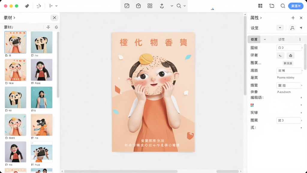 图怪兽在线编辑器界面,中央为画布区域显示正在编辑的海报,右侧为属性设置面板,左侧为素材库列表,顶部为工具栏,整体界面简洁,配色柔和,风格现代,画质清晰,干净无多余元素